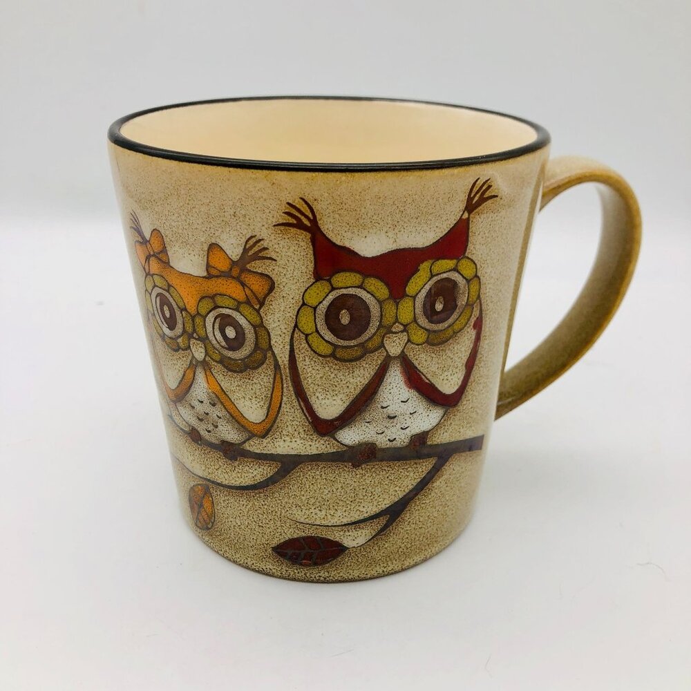 Great Gatherings Stoneware Owl Mug “Owls Out On A Limb” Retro 70s Design